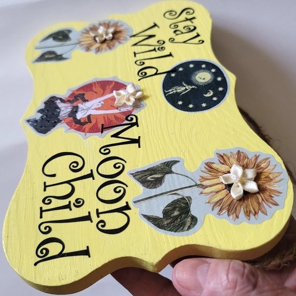 "Stay Wild Moon Child" Yellow Wall Decor Sign with Fabric Flower Embellishments - Picture 3 of 9